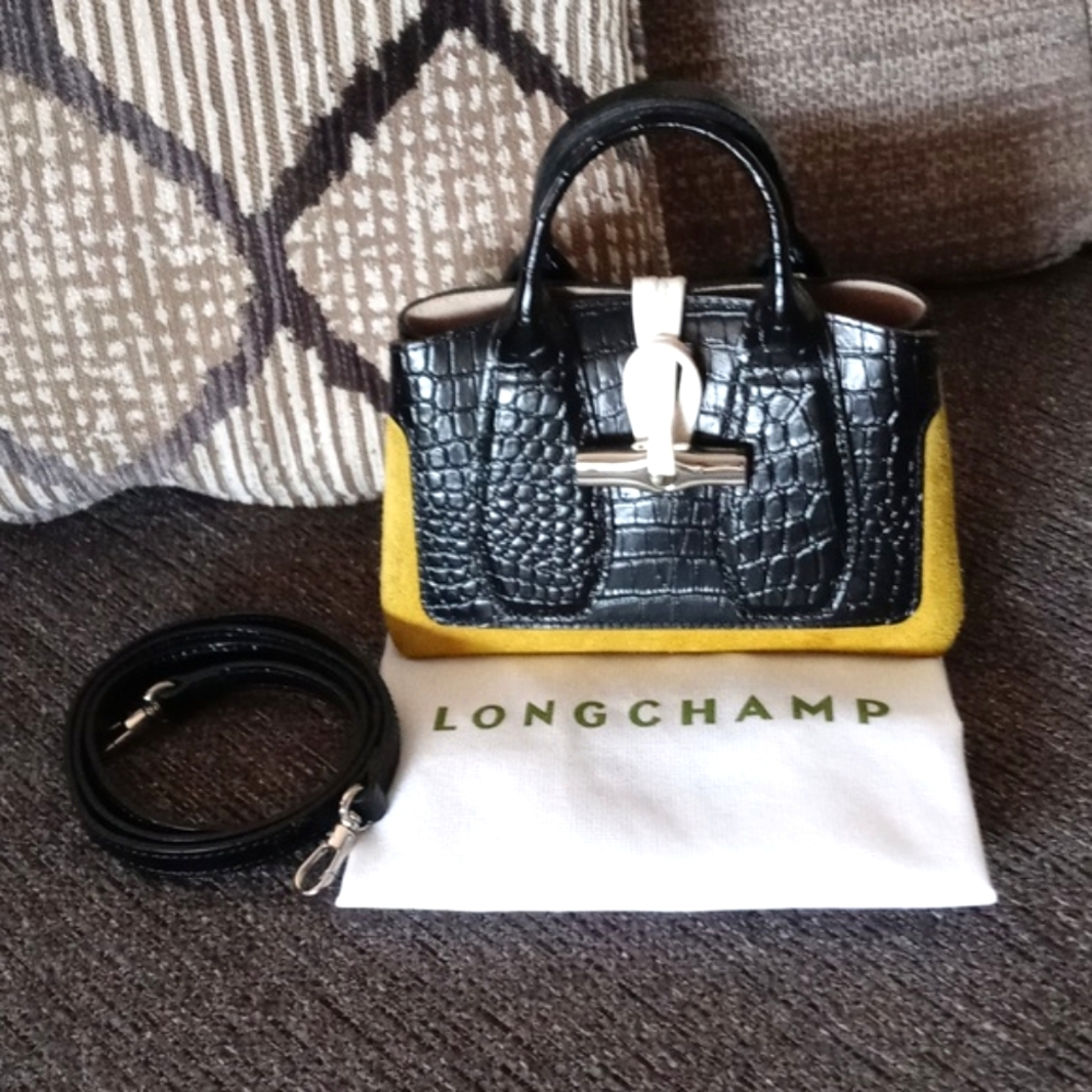 💛RARE Longchamp💛 - Limited Edition XS Roseau Croco/Suede Top Handle Bag